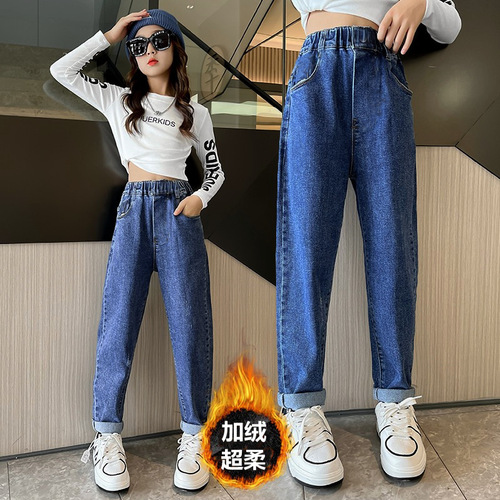 Girls' velvet jeans autumn and winter new medium and large children's one-piece velvet black thickened children's trousers casual long trousers