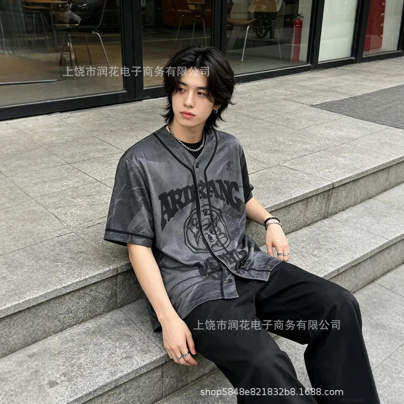 2026 American Retro Letter Print Baseball Cardigan Shirt Unisex Street Fashion Brand Loose Short-Sleeve Top
