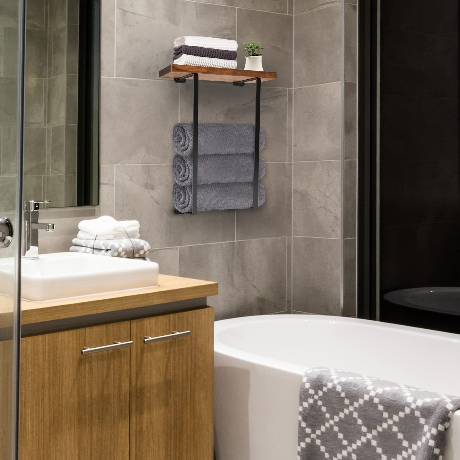 Transfronterizo nuevo marco de almacenamiento de toallas tablero de madera pared metal marco de toallas de baño toallas de baño estante de toallas de baño