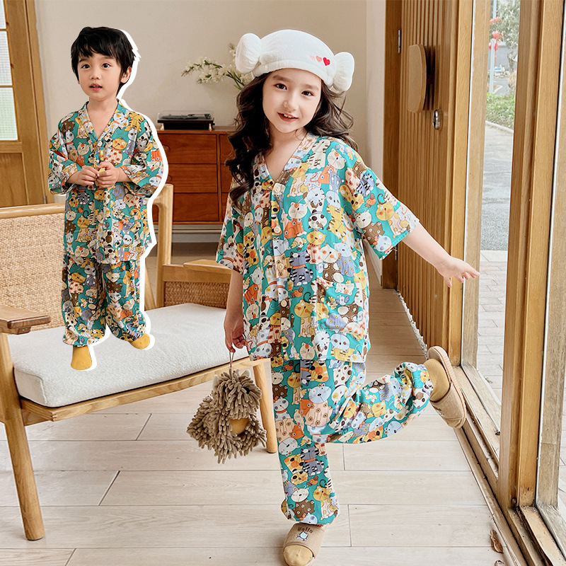 Niñas verano manga tres cuartos pijamas de seda de algodón de dibujos animados niños y niñas con aire acondicionado traje de servicio a domicilio bebé chaqueta fina verano