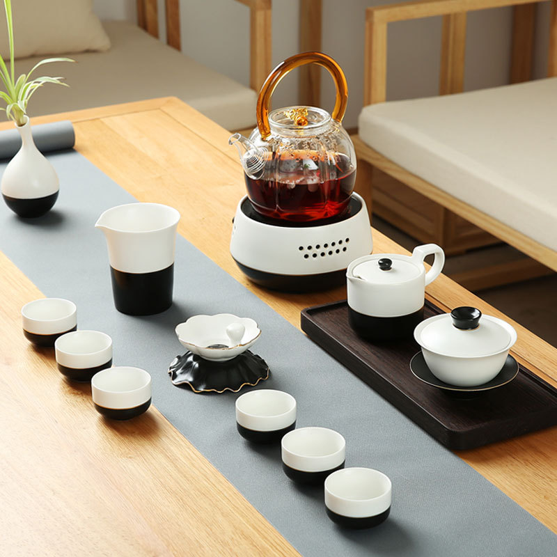 日式陶瓷功夫茶具套装陶瓷茶杯现代简约黑白家用三才盖碗创意茶道