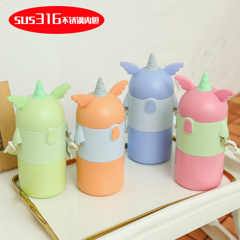 Creativo de dibujos animados unicornio niños paja taza de vacío 316 grado no médico de acero inoxidable conveniente Correa hervidor de agua al por mayor