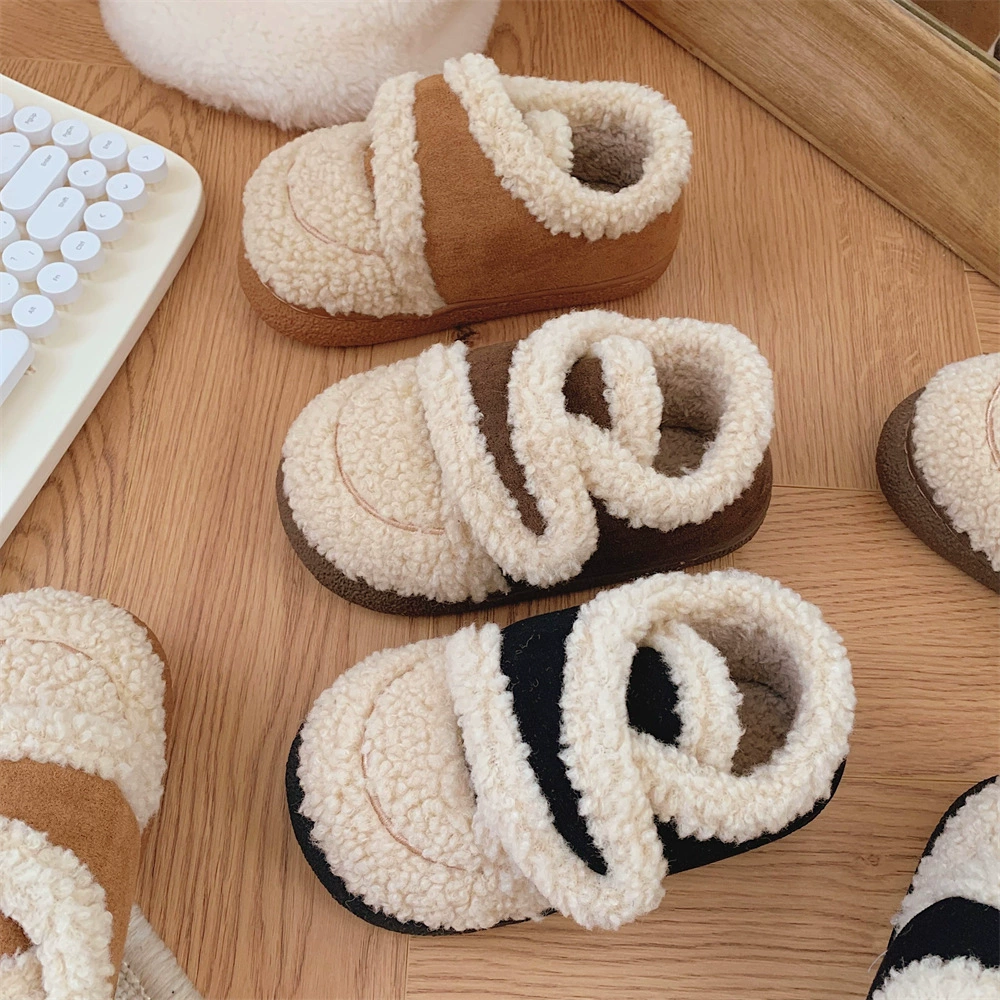 Зимние теплые детские хлопковые тапочки на флисовой подкладке, креативные плюшевые лоферы на липучке из овечьей шерсти для девочек на открытом воздухе