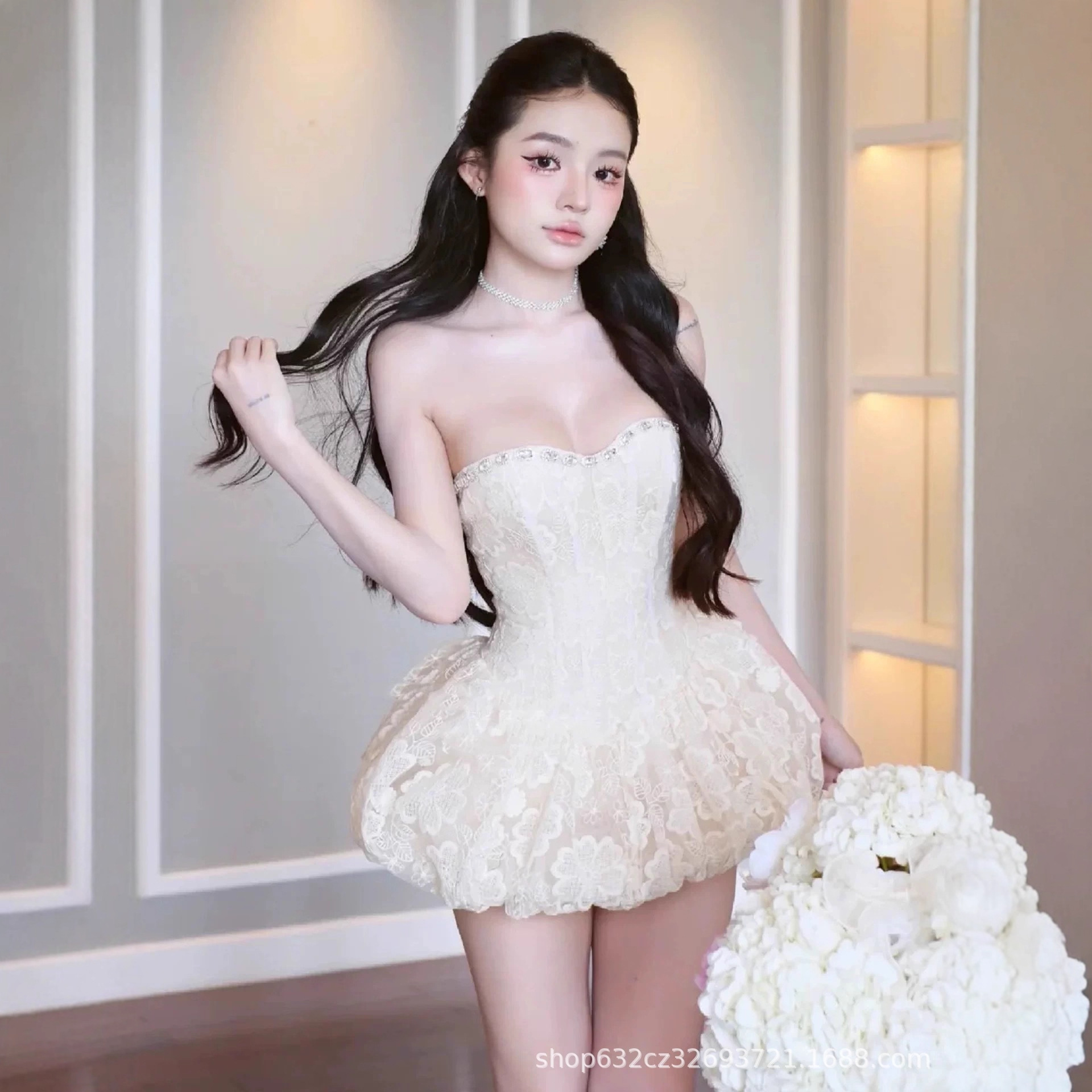 Gentle Elegant, Crocheted Embroidered Tube Top Dress for Women, High-End, Exquisite and Beautiful Flower Bud Skirt, Birthday Dress