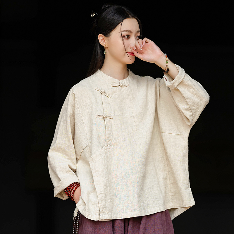25秋季新款原创改良苎麻斜襟立领上衣女式衬衫禅意砂洗亚麻外套