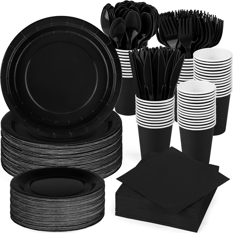 Cross-Border Hot-Selling Simple Solid Color Party Tableware Set Birthday Party Disposable Black Paper Cups Paper Plates Paper Napkins