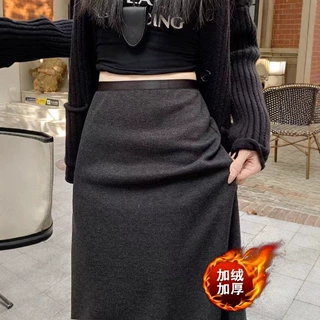 2026秋冬醋酸羊毛加绒加厚松紧腰修身显瘦后开叉包臀中长a字半身