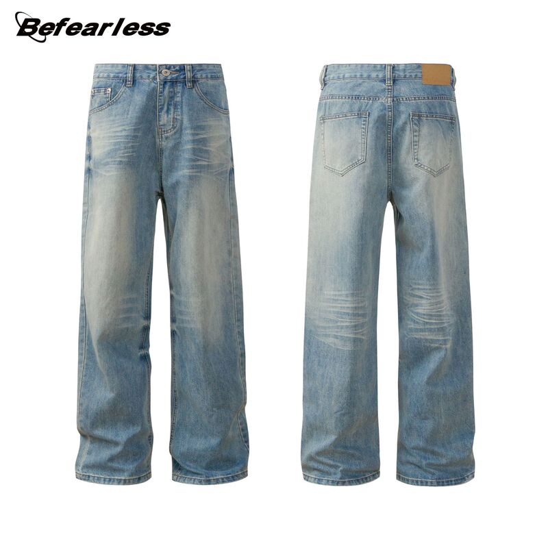 American Retro Washed Whiskered Clean Fit Straight Wide-Leg Casual Versatile Jeans Trendy High Street Loose Fit