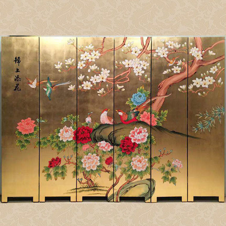 中式彩绘家具手绘屏风锦上添花移动折屏酒店金银箔大型壁画装饰画