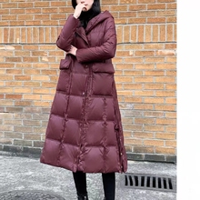 冬季新款宽松连帽加厚中长款过膝羽绒服女士文艺纯色白鸭绒外套