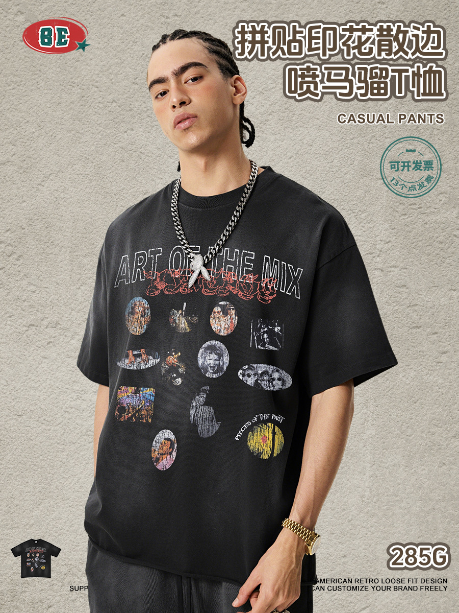 Be Hombres| Europa y América retro hacer vieja impresión de pulverización de caballo de borde disperso camiseta de manga corta camiseta de moda masculina suelta camiseta pareja