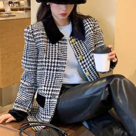 深圳南油高端女装CH家丝绒翻领拼接加厚夹棉羊毛格子格纹棉服外套