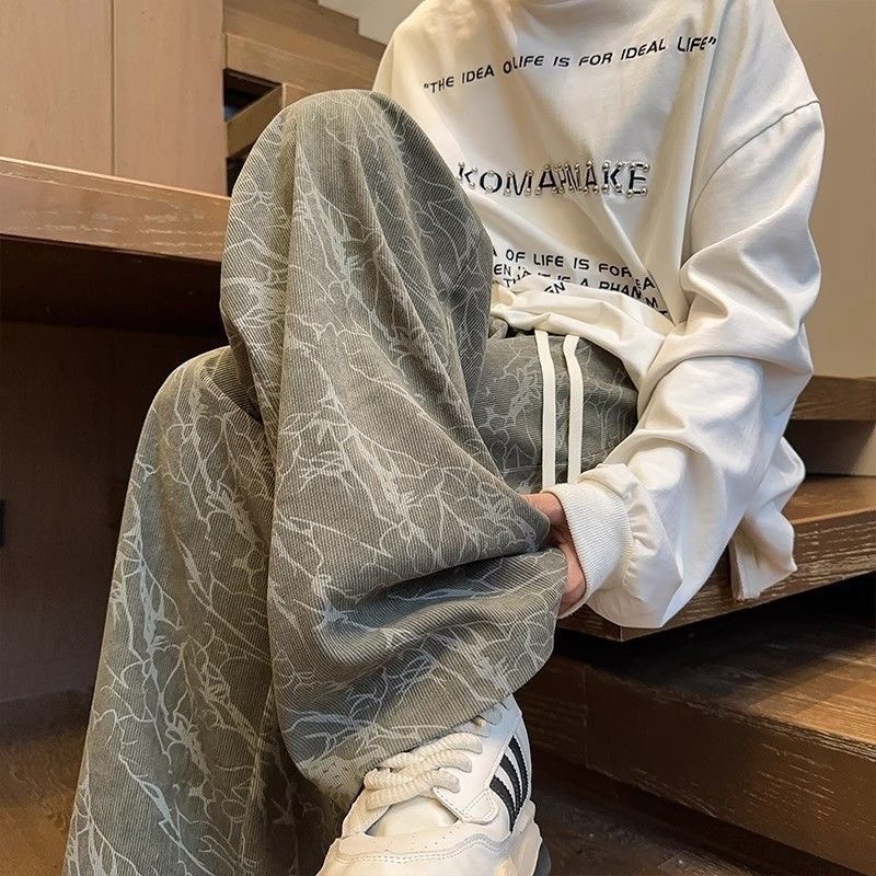 American Retro Tie-Dye Corduroy Pants for Men, Spring and Autumn Style, Loose Straight Wide-Leg Pants, Trendy Brand, Drapey Floor-Length Trousers