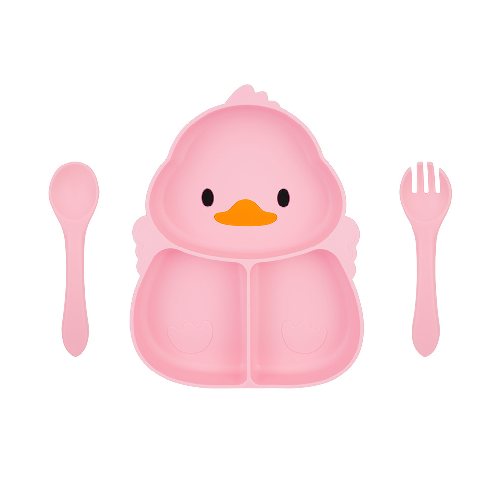 오리풍 핑크 디너 접시 + 실리콘 포크와 스푼 3종 세트