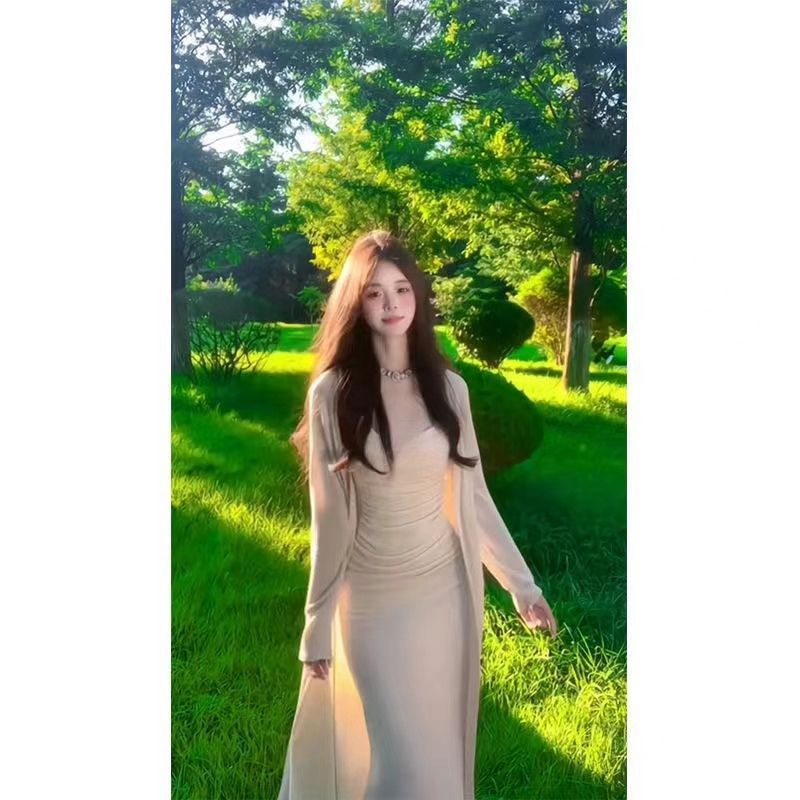 套装女2025春秋新款纯欲风修身吊带连衣裙包臀长裙长款针织开衫潮|undefined
