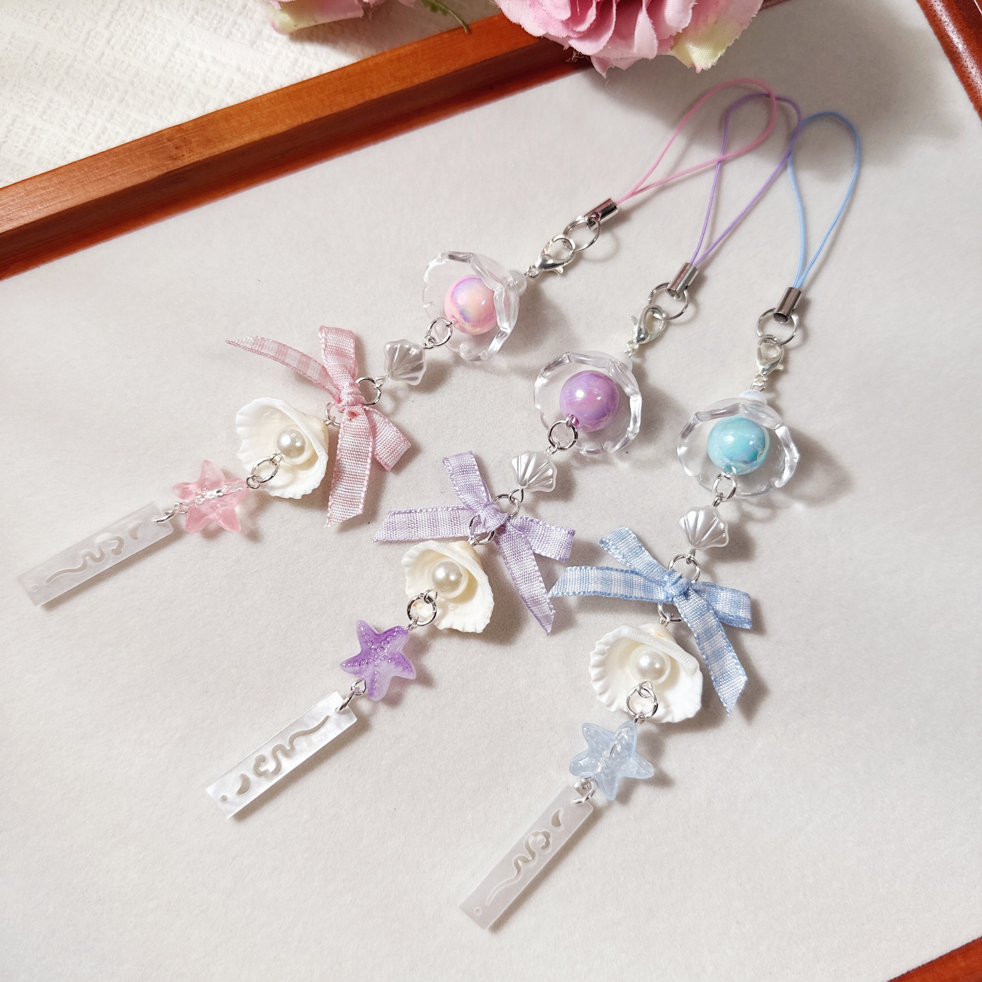 New Plaid Bow Shell Wind Chime Keychain Cute Versatile Simple Style Mobile Phone Chain Pendant Bag Pendant