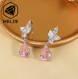 Dropshipping S925 Silver Powder Crystal Pendant Ear Studs Cross-Border Explosion Ladies Luxury Fine Jewelry Ear Accessories