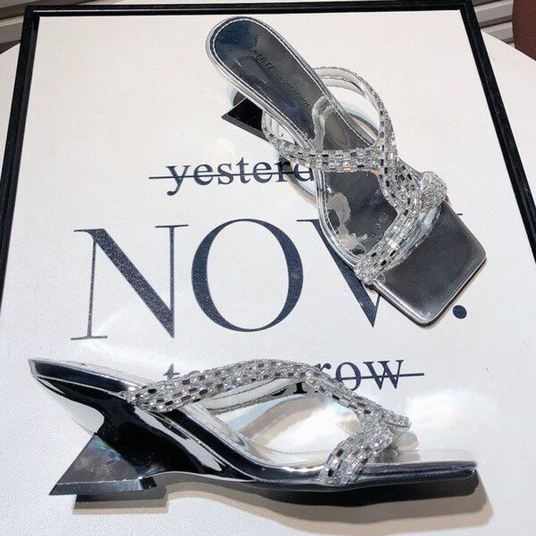 2026 Summer Luxury Rhinestone Wedge Open-Toe Square-Toe Sandals Fairy-Style Silver Mid-Heel Slip-Ons