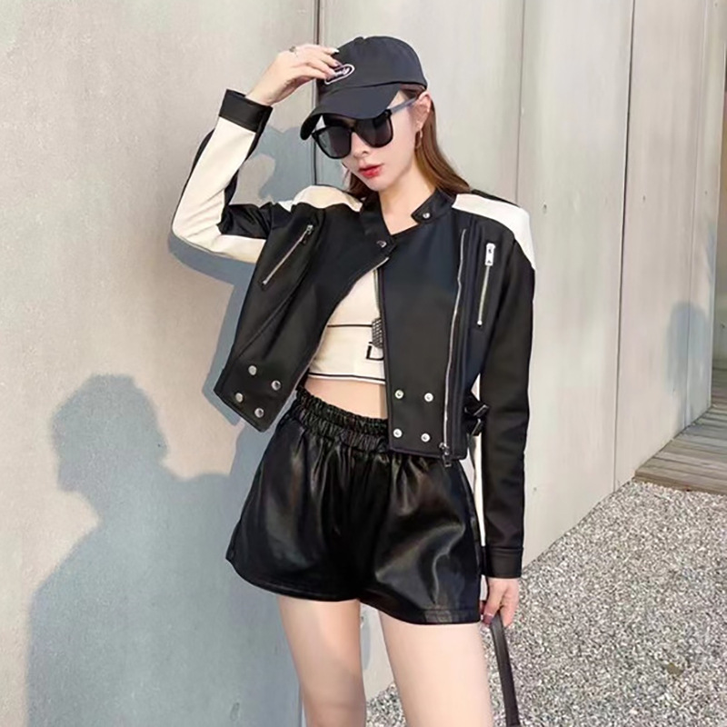 Women's Leather Jacket 2025 Spring and Autumn New Stand Collar Slim High-Waisted Short Spliced Pu Leather Motorcycle Jacket Trendy Women's Leather Jacket 2025 Spring and Autumn New Stand Collar Slim High-Waisted Short Spliced Pu Leather Motorcycle Jacket Trendy