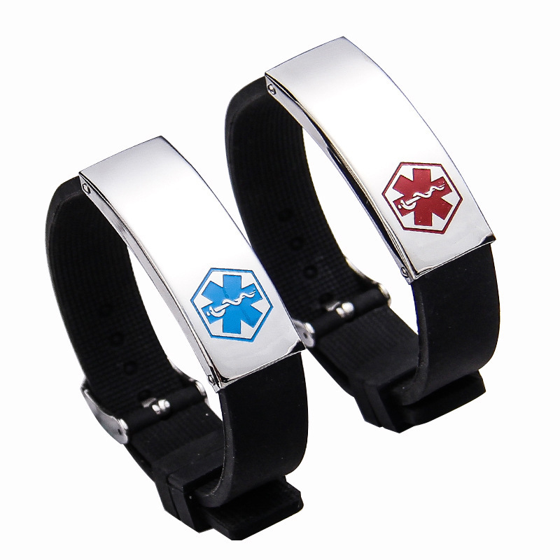 European and American Fashion Personalized Medical Logo Bracelet Men's Stainless Steel Silicone Bracelet Engraved Red and Blue Medical Warning