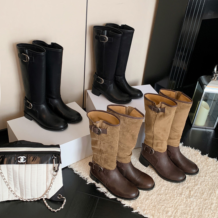 Cowhide Color-Blocked Knight Boots Women's High Boots Autumn and Winter New Style Genuine Leather Round Toe Thick Medium Heel Belt Buckle Knee Boots