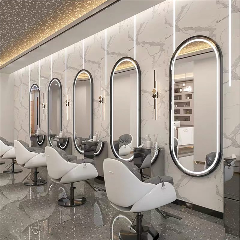 Barbería en línea tabla de espejo salón especial tipo pared simple barbería espejo de piso LED tabla de espejo de escaldado control táctil