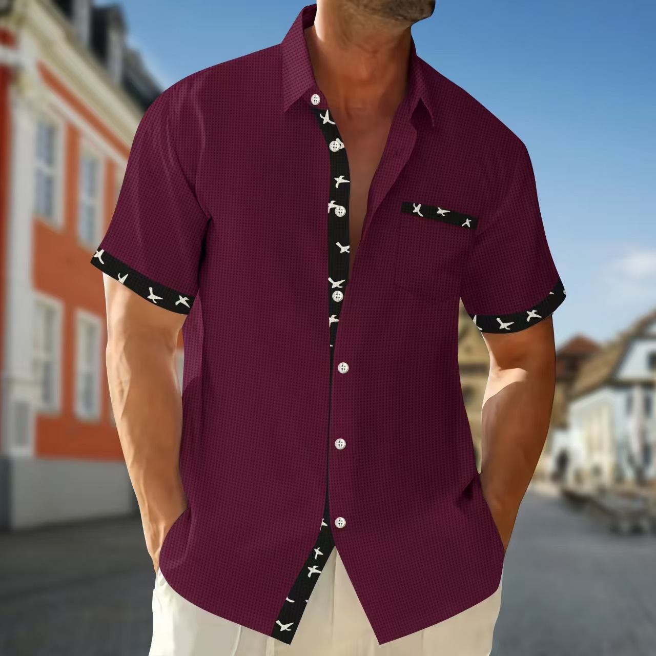 Amerikanisches Herren Strickhemd Mit Kragen Und Druckmuster_voghion.com