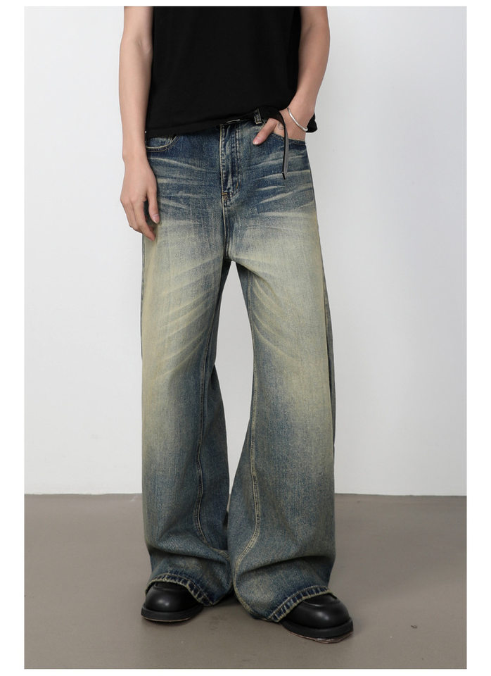 Quần jeans nam dáng rộng ống đứng phong cách retro Mỹ, giặt mài làm cũ — Màu xanh dương chi tiết 12