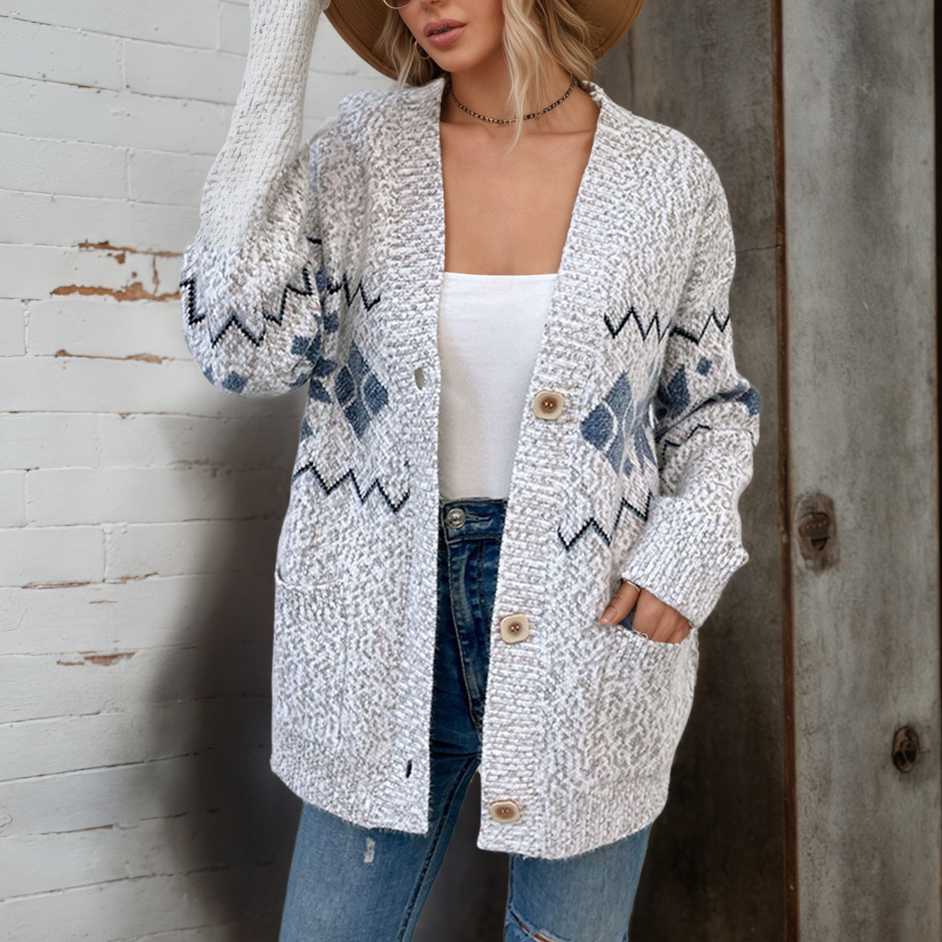 Women's V-Neck Snowflake Jacquard Cardigan – Soft Chenille Knit Sweater With Button Front, Cozy Oversized Pullover For Fall & Winter_voghion.com