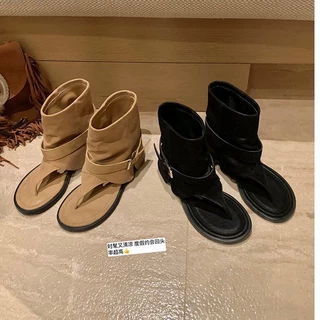 牛皮版~葡萄妈同款新款时髦辣妹圆头夹趾扣带女外穿中筒真皮凉靴
