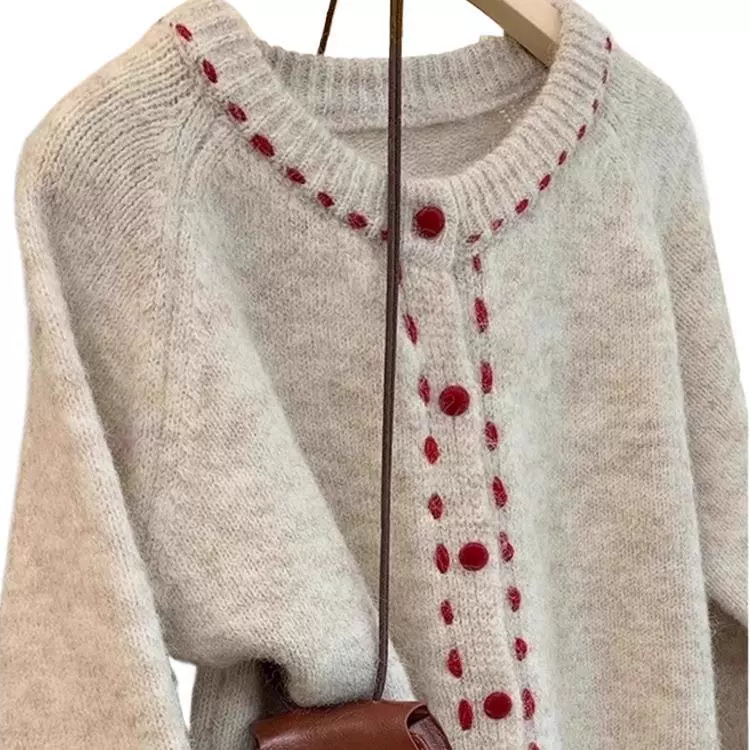 Spring retro knitted cardigan, sweater, jacket, round collar