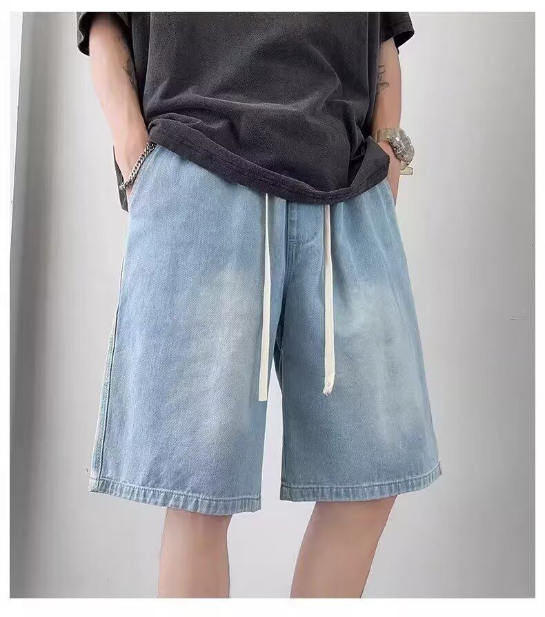 Men's Summer Fashion Denim Shorts Drawstring Loose Fit Casual Mid Length Five Point Trendy_viptrois.com