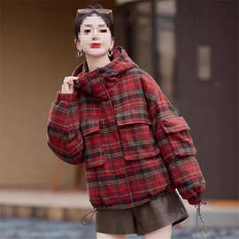 欧货格子毛呢羽绒服女短款2025冬装新款洋气高端大牌白鸭绒外套