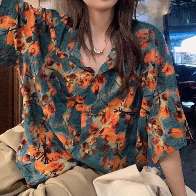 海辺のリゾートスタイルの花柄シャツ夏ルーズカジュアル香港スタイルレトロフラワールーズ半袖シャツ女性のトップ|undefined