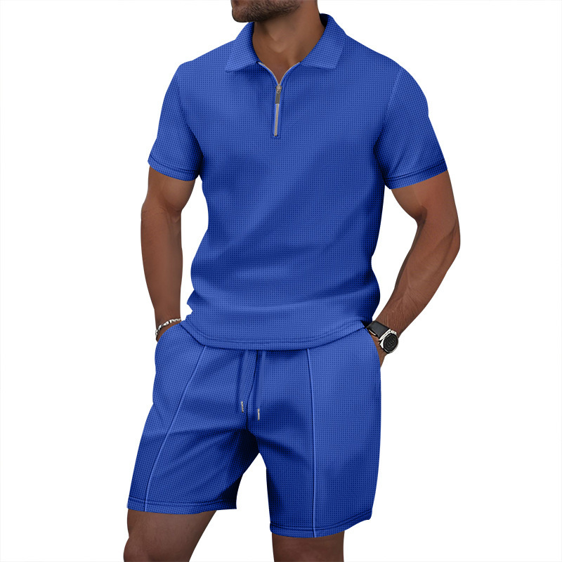 Men's Clothing Men's Casual Short Sleeve T-Shirt And Shorts Set Solid Color Lapel Zipper Waffle Design Summer Fashion_viptrois.com