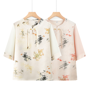 Middle-Aged and Elderly Mothers' Summer Clothes, New Chinoiserie Short-Sleeved T-Shirt Tops, Women's Fashionable Printed Shirts, Middle-Aged Women's Fashionable T-Shirts