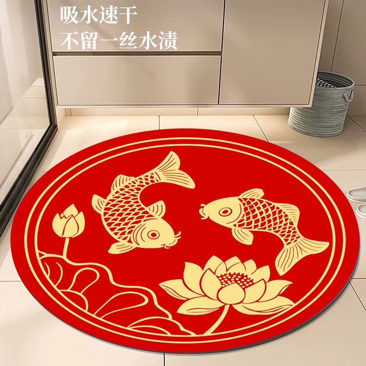 New Chinese Style Round Bathroom Floor Mat Lotus Koi Bathroom Door Mat Toilet Bathroom Water-Absorbent Non-Slip Door Mat