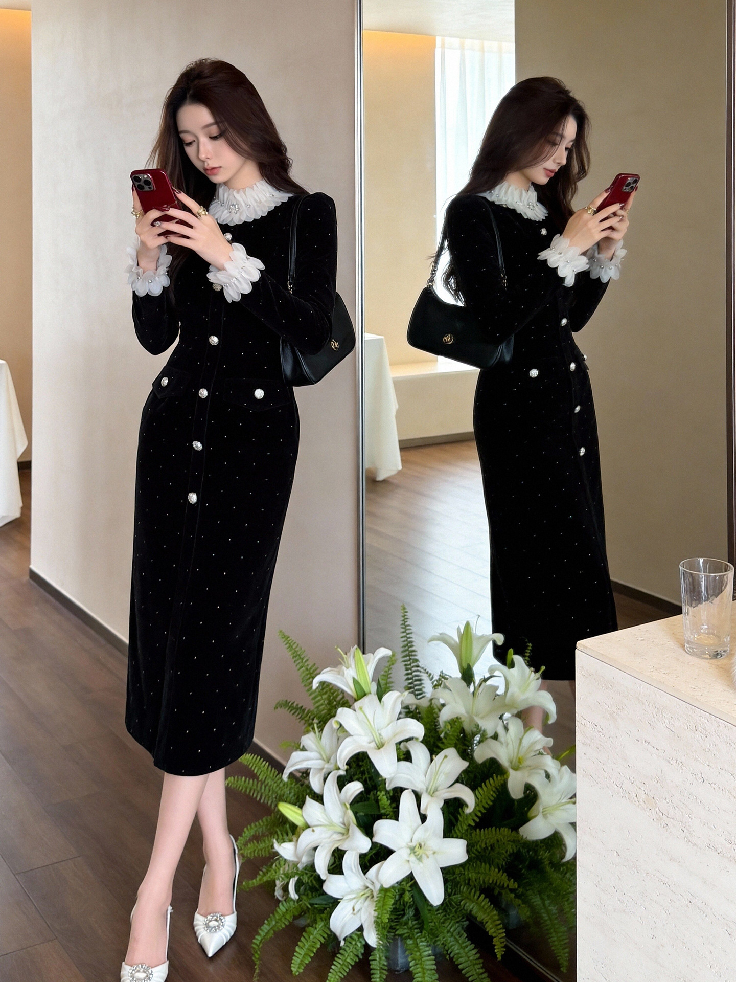 Đầm ôm body nữ thiết kế cổ tròn cánh hoa, cúc đơn, eo thon — đen
