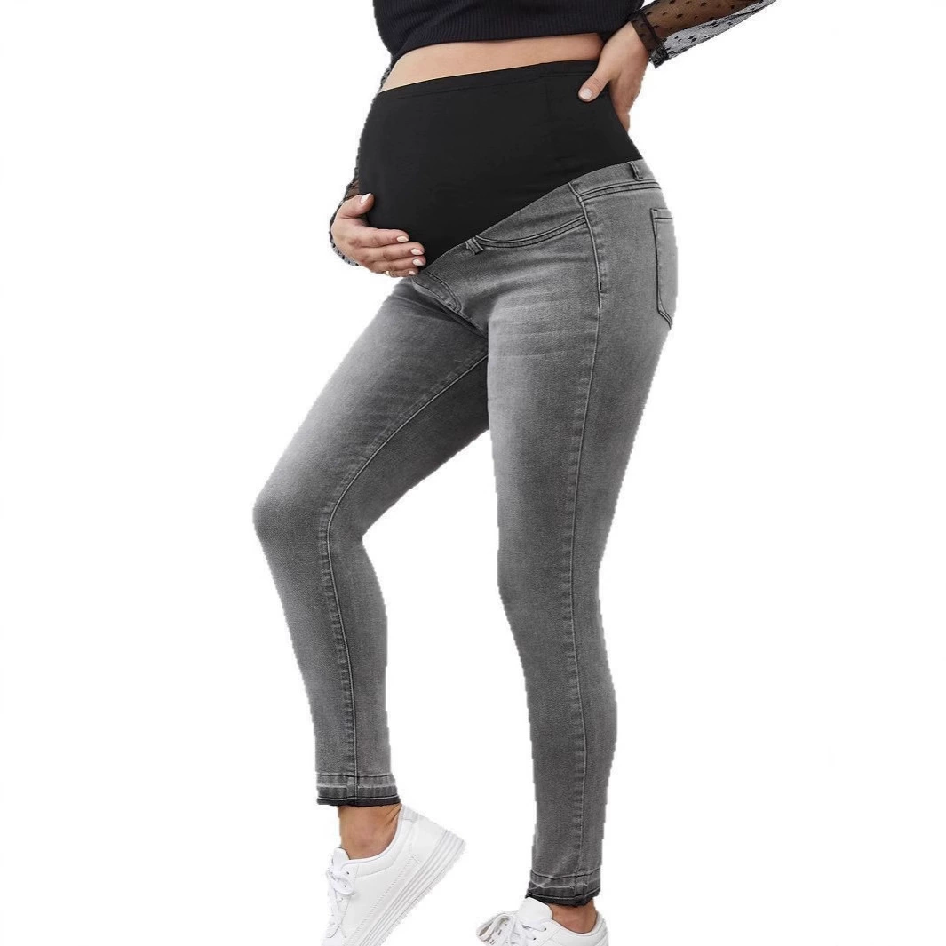 Denim fashionable elastic demi-season jeans for pregnant with belly support, European style, high waist, tight, for import