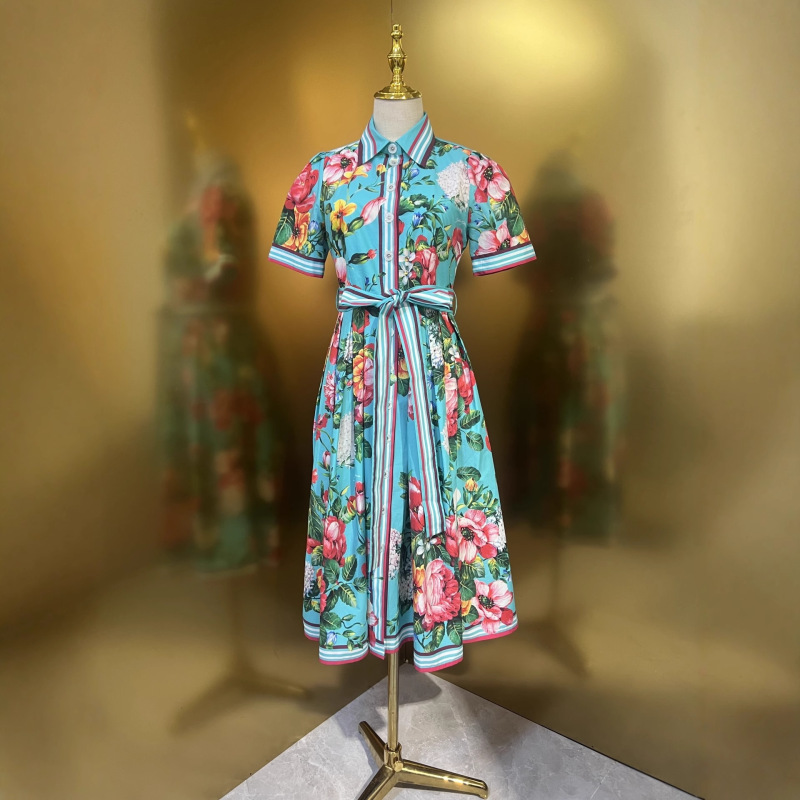 Romantic Blooming Blue Rose Cotton Printed Letter Button Waist Large Hem Short-Sleeved Dress Holiday Fashion Skirt