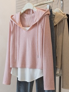 plus size women's autumn fake two-piece hooded sweater women's 2025 new chubby girl slim shoulder irregular casual top