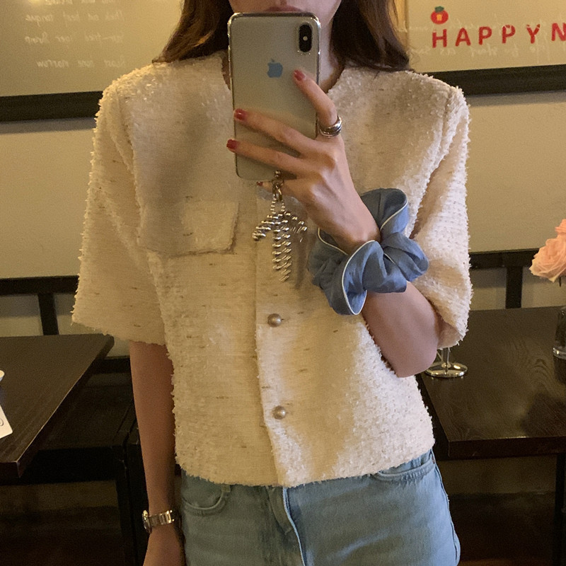 Korean Chic Summer Round Neck Single-Breasted Tweed Short Jacket with Pockets for Women