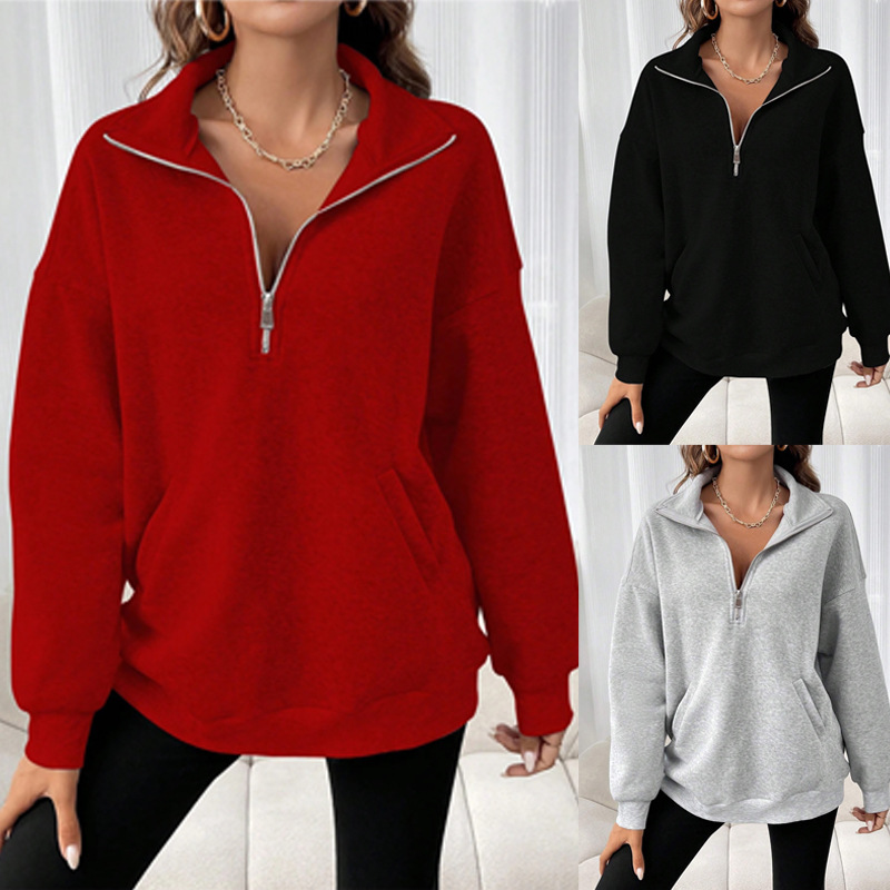 Women's Clothing 2024 autumn and winter new fashion zipper lapel solid color casual T shirt for women_voghion.com