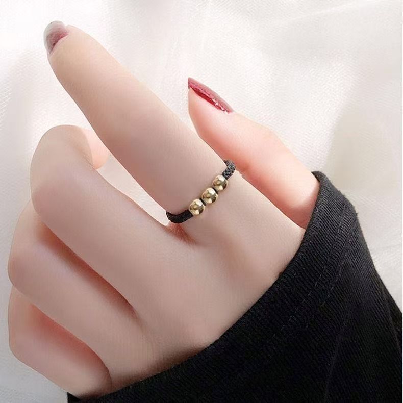 Black Rope Ring for Female Couples, Best Friends, Xiaohongshu Red Rope Woven Ring, Gold Bead Ring, Versatile Niche Ring