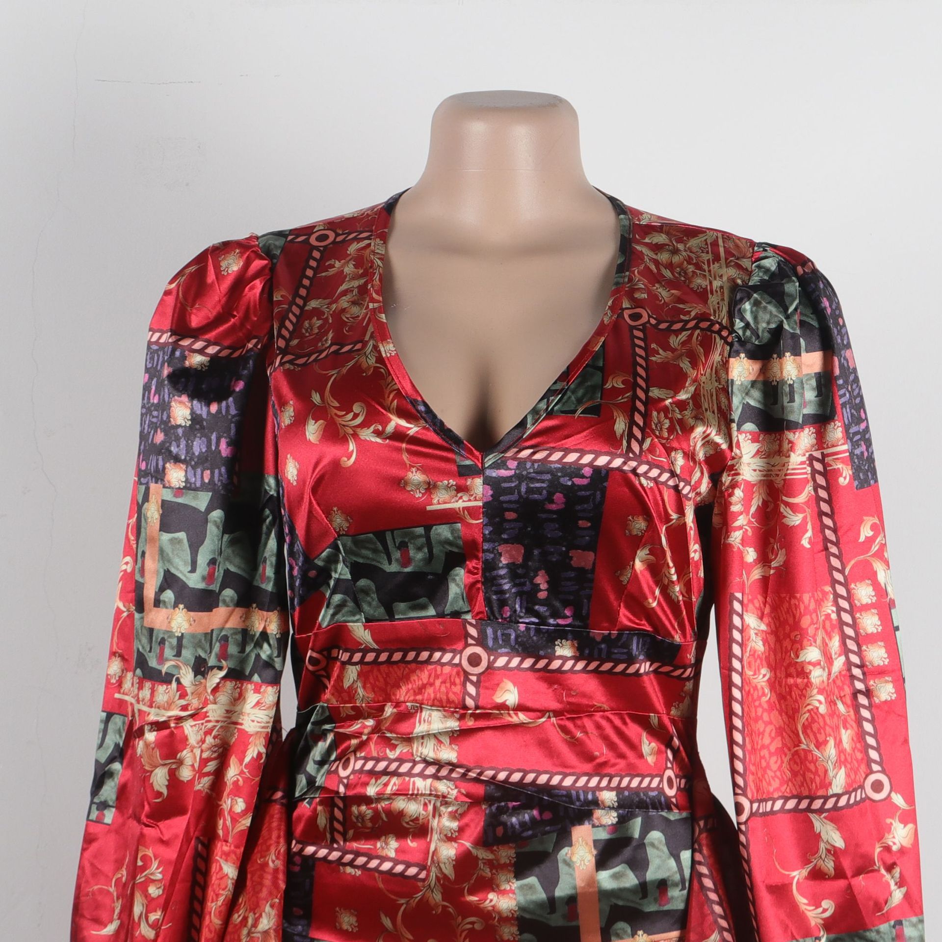 Women's Clothing Sexy Printed Ruffled Lantern Sleeve Hip Hugging Slim Fit Long Sleeve Dress_voghion.com