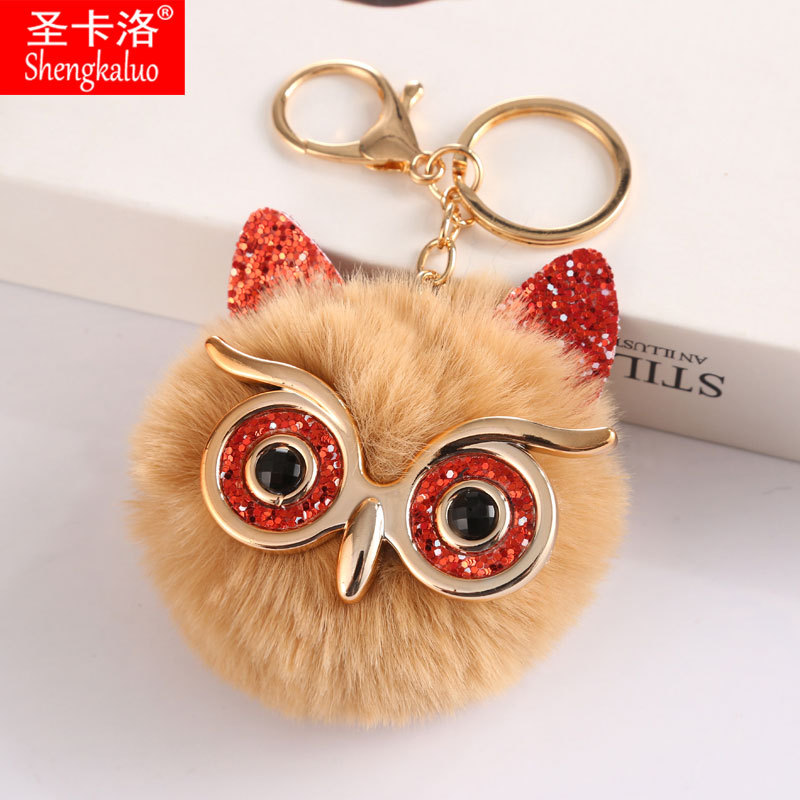 大眼睛亮片猫头鹰毛球钥匙扣娃娃机毛绒皮草包包汽车挂件现货批发