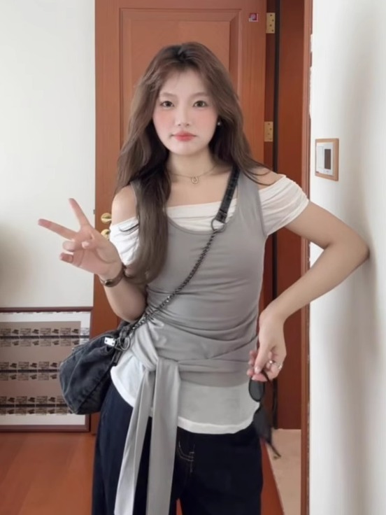 韩系一字露肩假两件短袖t恤女夏季设计感辣妹修身收腰绑带上衣ins|undefined