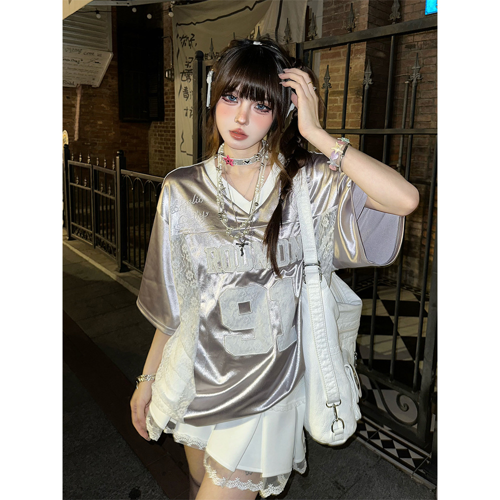 American Style Retro Stitching White V-neck Lace Shoulder Short Sleeve T-shirt Women's Summer New Loose Sports Couple Top