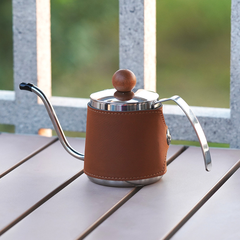 New Stainless Steel Hanging Ear Coffee Hand Brewing Pot with Insulated Leather Cover, High-Looking Outdoor Camping Coffee Pot, Thin Mouth Pot