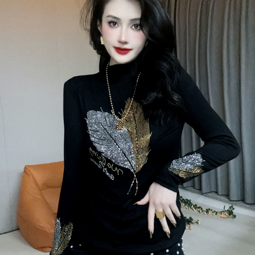 [Golden Branches and Jade Leaves] Women's Slim-Fitting Bottoming Shirt with Long Sleeves and Bright Diamond Black T-Shirt with Versatile Prints and Others